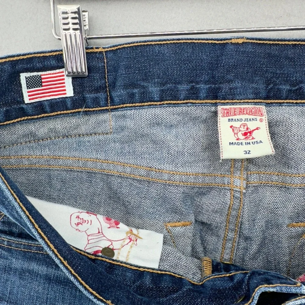 True Religion Geno Jeans Made In USA Dark Wash Denim 32x29 Whiskers Fade Leather - Picture 8 of 10